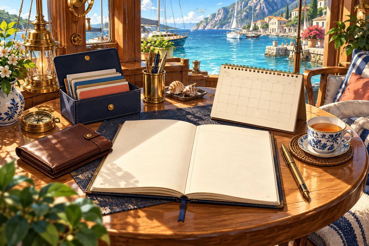 Decorative illustration of a blank monthly ledger, calendar, card storage and a closed wallet on a calm cabin desk.