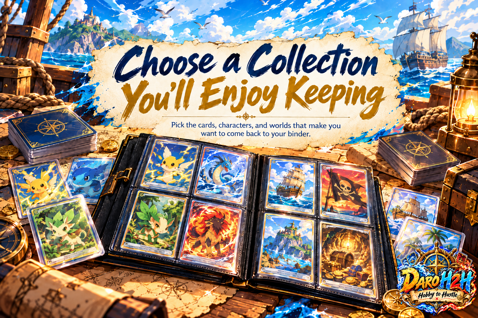 Illustrated trading-card binder on a nautical tabletop beneath the heading Choose a Collection You'll Enjoy Keeping.
