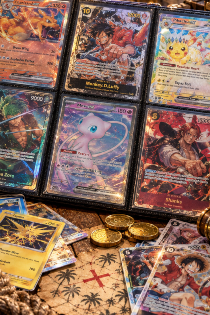 Illustrated Pokémon trading cards and character artwork arranged in a binder with loose cards on a nautical table.