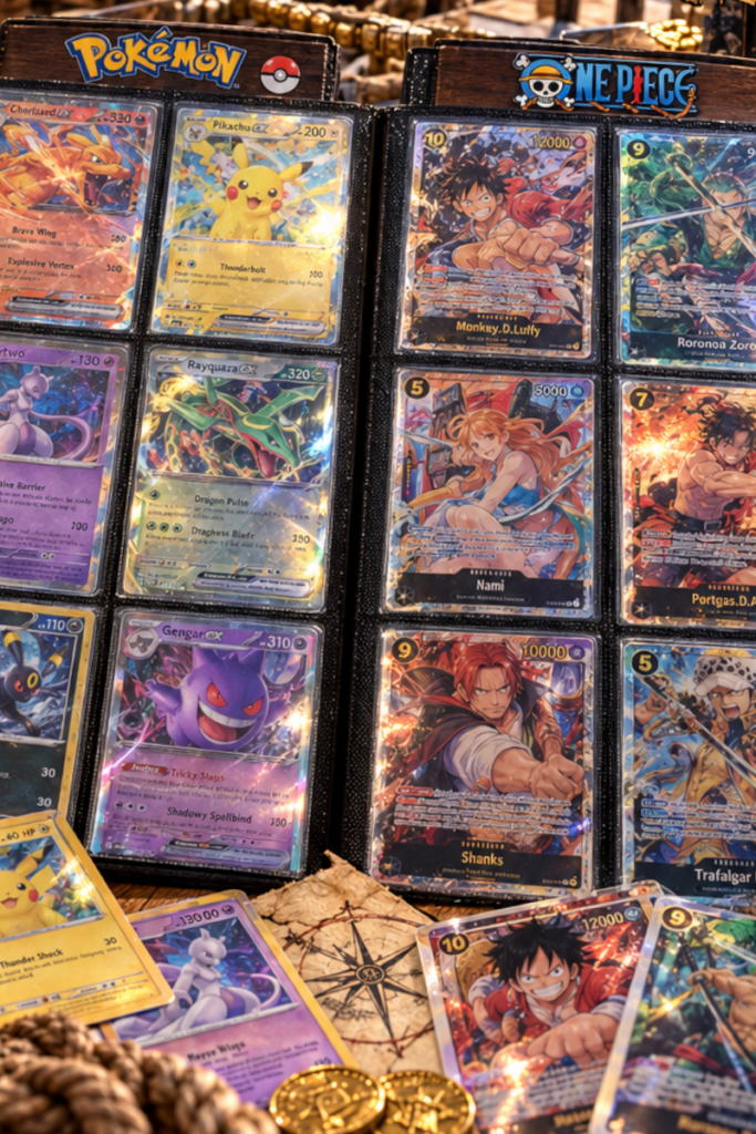 Illustrated binder pages featuring Pokémon and One Piece cards, with loose favorite cards on a nautical tabletop.